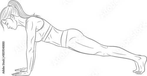 Line art illustration of a fit woman holding a perfect high plank position for core strength workout