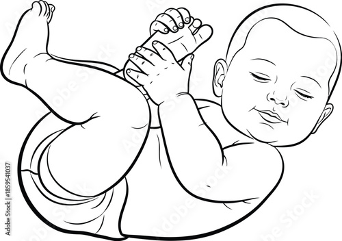 Adorable black and white line art illustration of a happy baby playing with its own feet