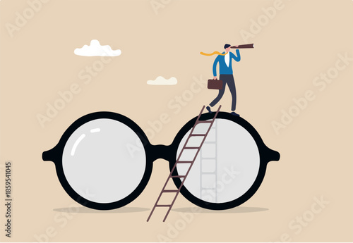 Clear business vision, clarity or transparency, discover way to success or looking for business opportunity, precision or accuracy concept, businessman climb up big eyeglasses see vision on telescope.