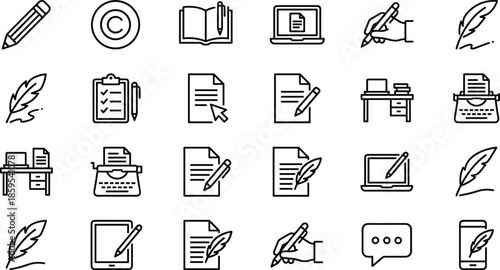 Writing and Content Creation Line Icons Set for Copywriting Blogging Journalism Storytelling Education Authoring Literature Documentation Digital Publishing Creative Scriptwriter Typewriter Feather 