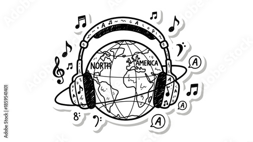 Global music headphones around earth illustration.