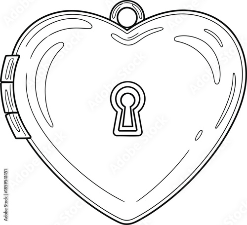Simple black and white outline drawing of a heart shaped locket with a keyhole design
