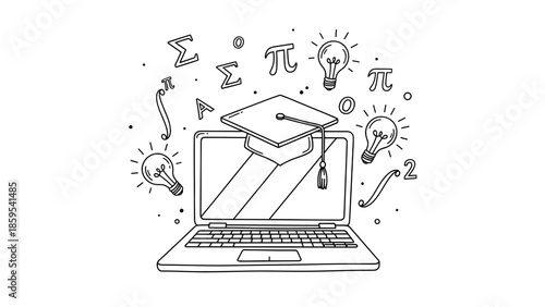 Laptop With Graduation Cap Symbolizing Online Education Concept.