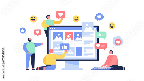 Computer Screen With Social Media Dashboard And Icons.