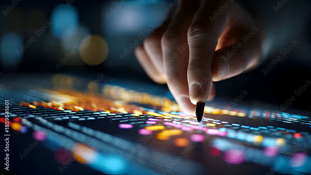 Fototapeta premium Hand with Stylus Interacting with Data Visualization, Futuristic Tech Concept.