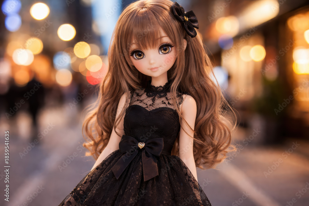 Fototapeta premium Doll girl dress black cute evening A fashion doll with large eyes and long brown hair in a lace black dress posed on a blurred city street with warm bokeh lights charming