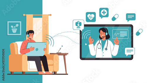 Telemedicine consultation between patient and doctor via video call.