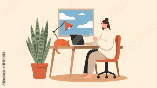 Person at Desk Working on Laptop Illustration.