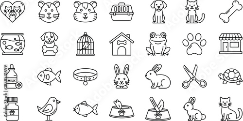 Pet care icon set illustration, animals veterinary food grooming accessories symbols, dog cat rabbit fish supplies, pet shop elements, vector