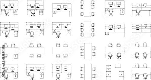A meticulously detailed, overhead view captures a schematic diagram of multiple office layouts, presenting an array of workstations, meeting tables and seating arrangements.
