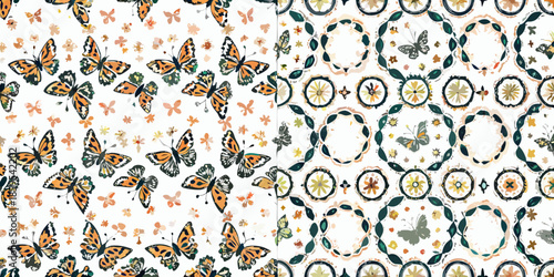 Repeating patterns with butterflies flowers and geometric shapes in a vintage style