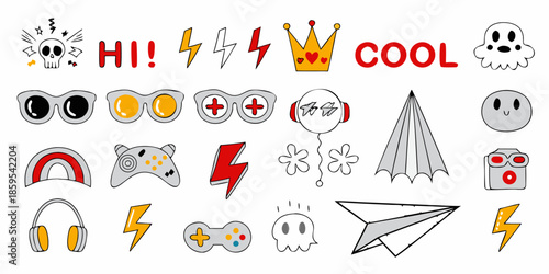 Collection of playful doodle style icons and illustrations on a white background