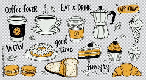 Coffee lover and eat drink doodles with sweet treats like donuts and ice cream