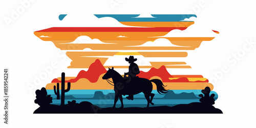 Vintage western landscape with a cowboy on horseback at sunset