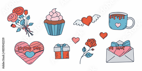 Doodle style illustration with roses a cupcake hearts and a gift box