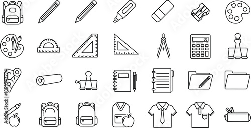 School supplies icon set illustration, education stationery outline symbols, student learning tools collection, backpack pencil ruler calculator, classroom equipment, academic items, flat vector