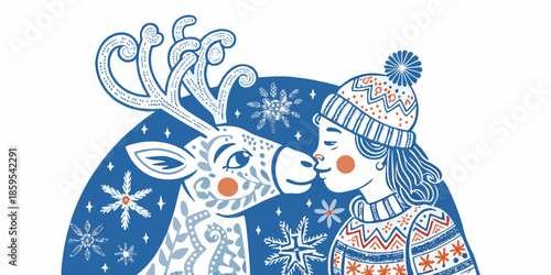 A heartwarming illustration of a girl affectionately interacting with a reindeer