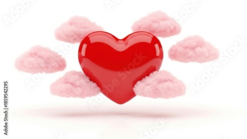 A shiny red heart floating amongst soft pink clouds on a white background