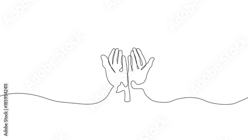 Continuous one line open praying hands illustration, Islamic prayer and Ramadan spiritual devotion concept, minimalist linear vector design