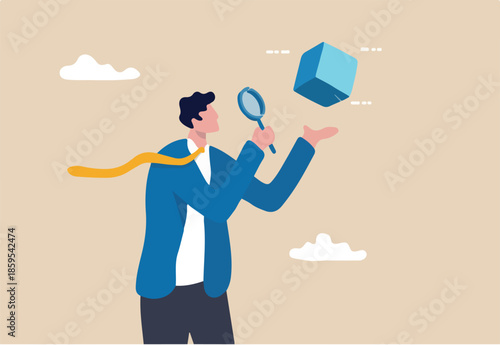 Business case study or marketing research, analyze product prototype or competitor, learning or search for strong and weakness concept, smart businessman use magnifying glass to analyze floating cube