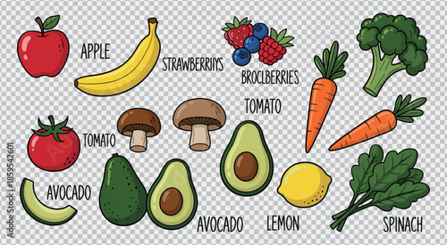 Healthy fresh organic fruits and vegetables doodle set with apple banana broccoli and carrot