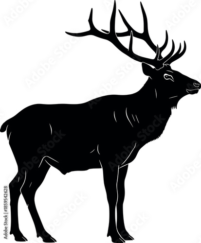 Black silhouette of a majestic bull elk with large antlers standing in profile view isolated on white background vector illustration