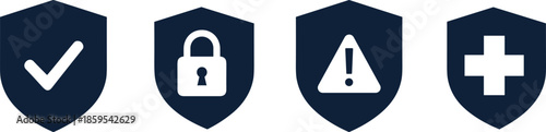 Shield security icons set, protection safety lock warning medical cross symbols, cybersecurity insurance defense 