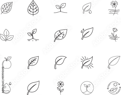 Nature and Fresh Leaf line art icon collection. Includes line art symbols leaf, plant, sprout, flower, eco and more. Isolated icons. Nature icon set. Minimalist icons pack.