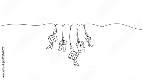 Continuous one line Ramadan hanging ornaments with lanterns and ketupat, Eid al Fitr festive decoration concept, minimalist Islamic linear vector illustration