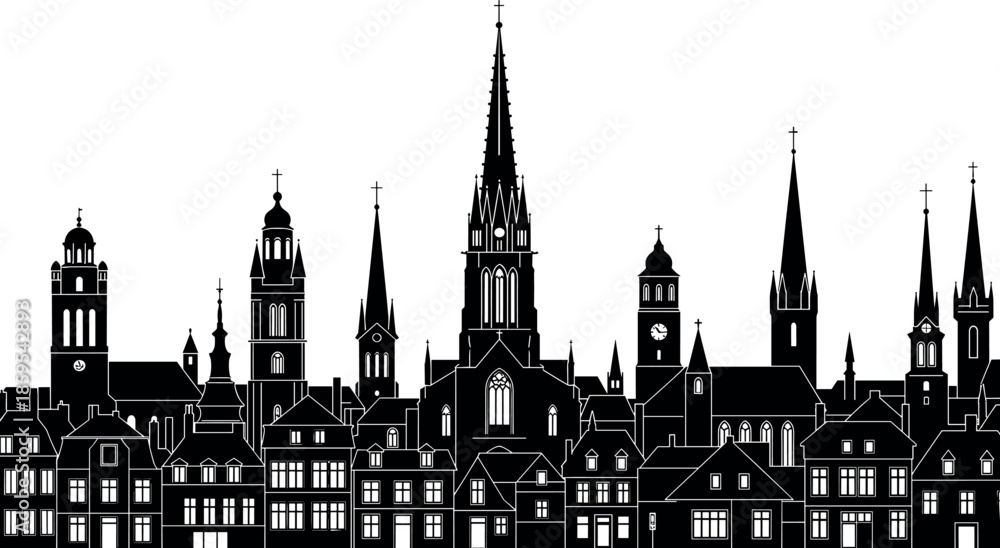 Fototapeta premium Detailed Black Silhouette of Historic European Old Town Cityscape Featuring Gothic Cathedrals Church Spires Traditional Houses and Medieval Architecture Skyline