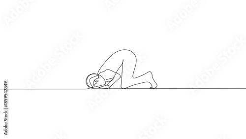 Continuous one line Muslim prayer prostration illustration, Islamic sujud worship and Ramadan spiritual devotion concept, minimalist linear vector design