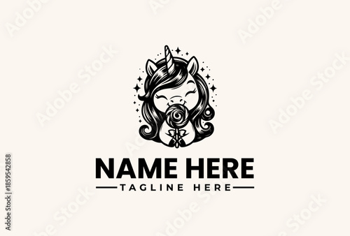 Black and white illustration of a woman's face with a gas mask and long hair, surrounded by dots, with a placeholder text for a name and tagline on a plain background.