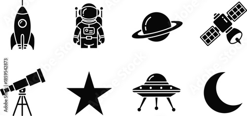 Space exploration icon set illustration, rocket astronaut planet satellite symbols, astronomy science concept, telescope UFO star moon, cosmic universe, flat vector