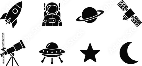 Space exploration icon set illustration, rocket astronaut planet satellite symbols, astronomy science concept, telescope UFO star moon, cosmic technology, outline flat vector