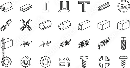 Steel, construction, outline, icons, set, metal, profiles, beams, pipes, chains, fasteners, bolts, nuts, hardware, industrial, engineering, materials, vector, illustration, pack