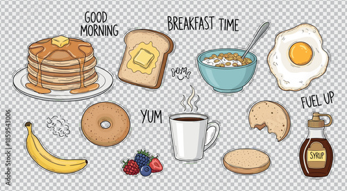 Hand drawn breakfast food collection good morning food set tasty morning meal healthy start