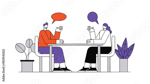Two people sitting at a table with speech bubbles engaged in casual conversation