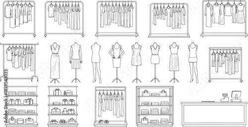 A detailed monochrome illustration showcases a curated array of fashion elements, perfect for conveying themes of retail, design, and apparel. 