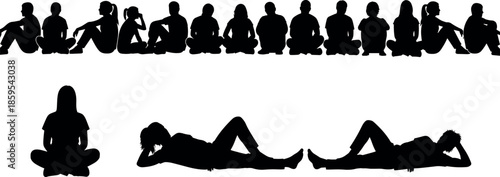 Large Set of Black Silhouettes of People Sitting on Floor in Row and Lying Down Relaxing in Various Casual Poses
