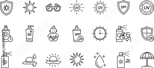 Sun, protection, outline, icons, set, sunscreen, UV, SPF, skincare, summer, safety, shield, lotion, sunglasses, baby, time, beach, symbols, vector, illustration