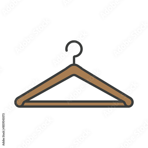 Flat minimalist wooden clothes hanger icon with metal hook, brown coat hanger in simple style. Clean vector illustration for fashion, wardrobe
