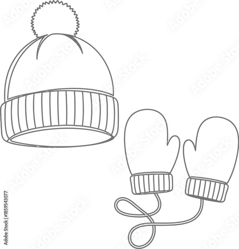 Black and white line art icon featuring a cozy winter pom pom beanie hat and mittens accessory