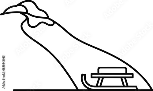 Minimalist line art drawing of a penguin sliding down a snow hill on a sled for winter fun
