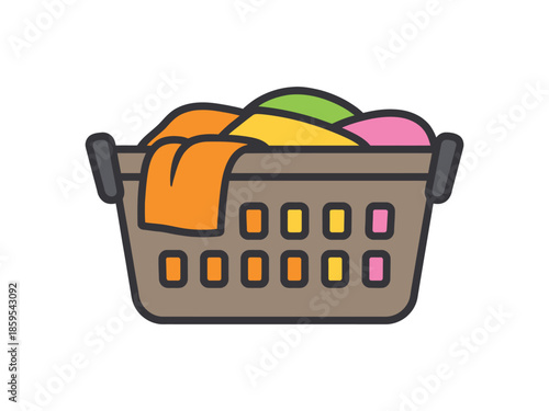 laundry basket icon filled with colorful clothes, brown plastic hamper with handles. Clean vector illustration for cleaning, household, chore, washing, and home concepts.