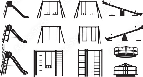 A collection of playground equipment in a playful arrangement. This graphic illustrates classic structures designed for children's amusement and physical activity.