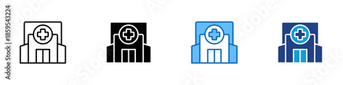 Hospital Building Multiple Style Icon Design Vector - Medical hospital building representing healthcare services, emergency care, and clinical facilities