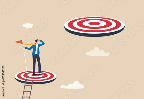 Challenge achievement or higher target, the way forward or next level, bigger business goal or aspiration concept, success businessman climb up ladder reaching goal and looking for next bigger step.