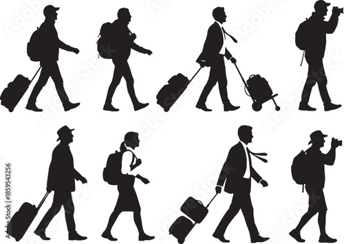 Silhouette of travellers carrying luggage, symbolizing a variety of journeys, the world of travel, adventure and exploration.