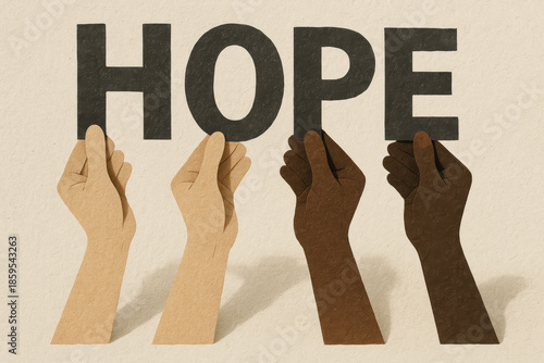 Hope diversity solidarity hand support raised paper hands in a beige collage holding letters which spell hope conveying compassion and resilience