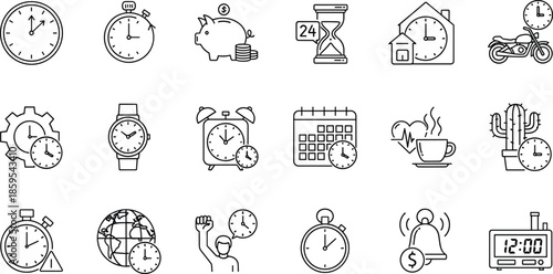 Time management icon set illustration, clocks alarms calendars productivity symbols, deadline scheduling concept, efficiency planning tools, daily routine organization, outline flat vector